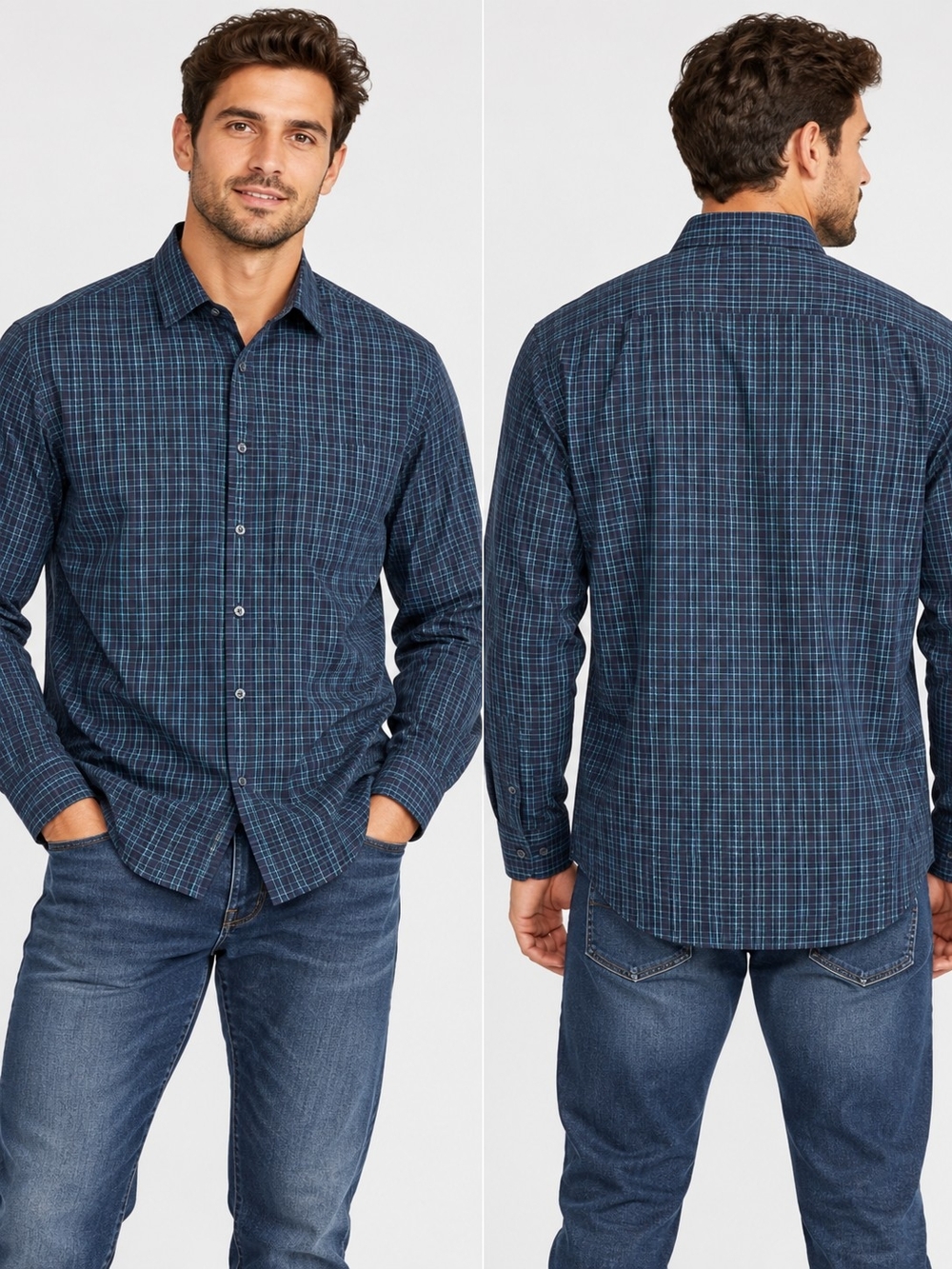 Chaps Navy and Teal Plaid Long-Sleeve Button-Down Shirt